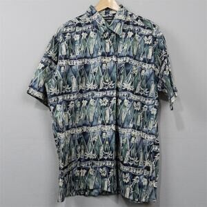 Vintage 90s Murano Hawaiian Shirt Size‎ L Blue Green Tropical Batik Cotton Lawn